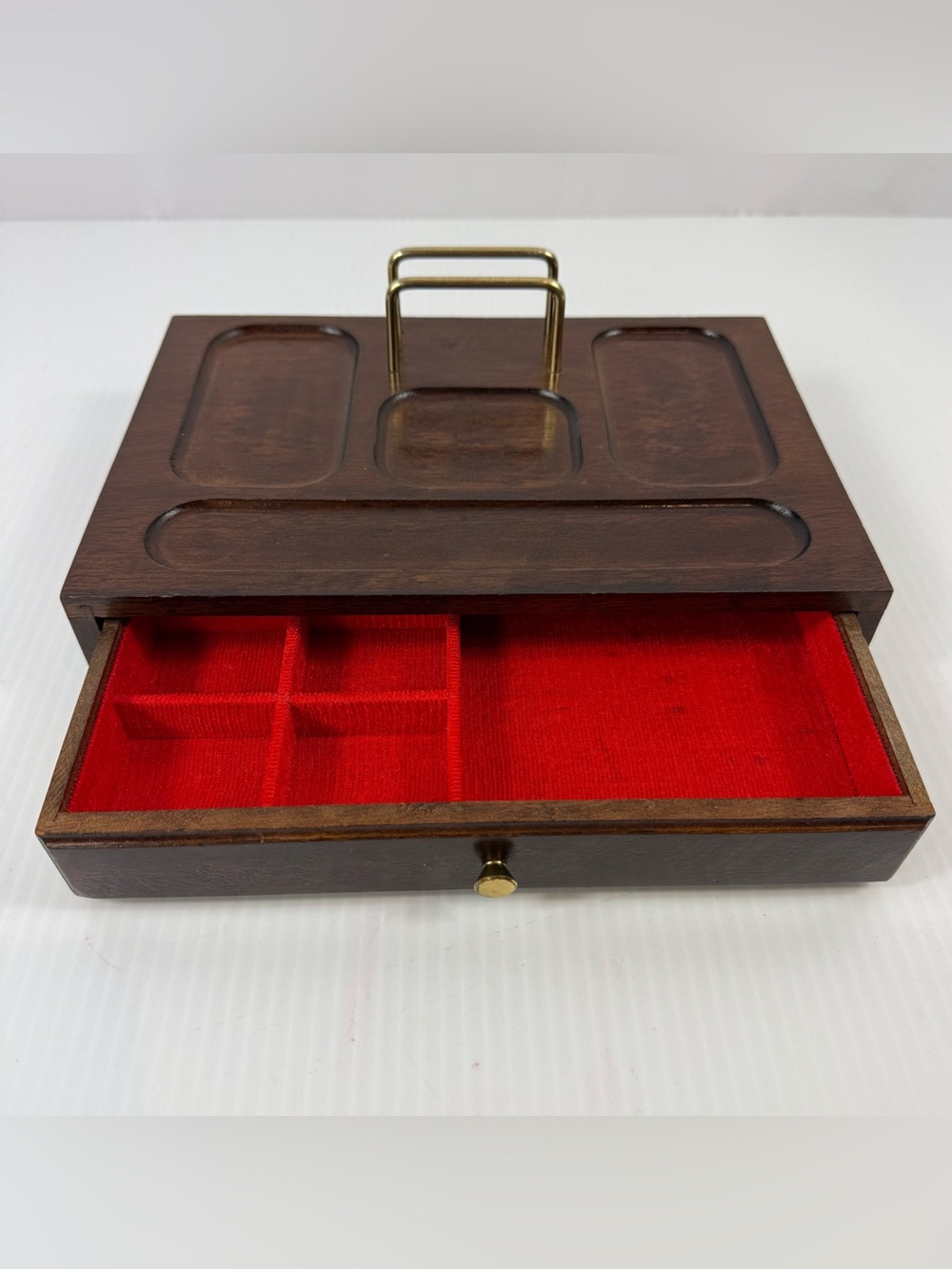 Vtg Mele Men's Wood Valet Coin Wallet Gentleman's Organizer 10" x 7" w/ Drawer